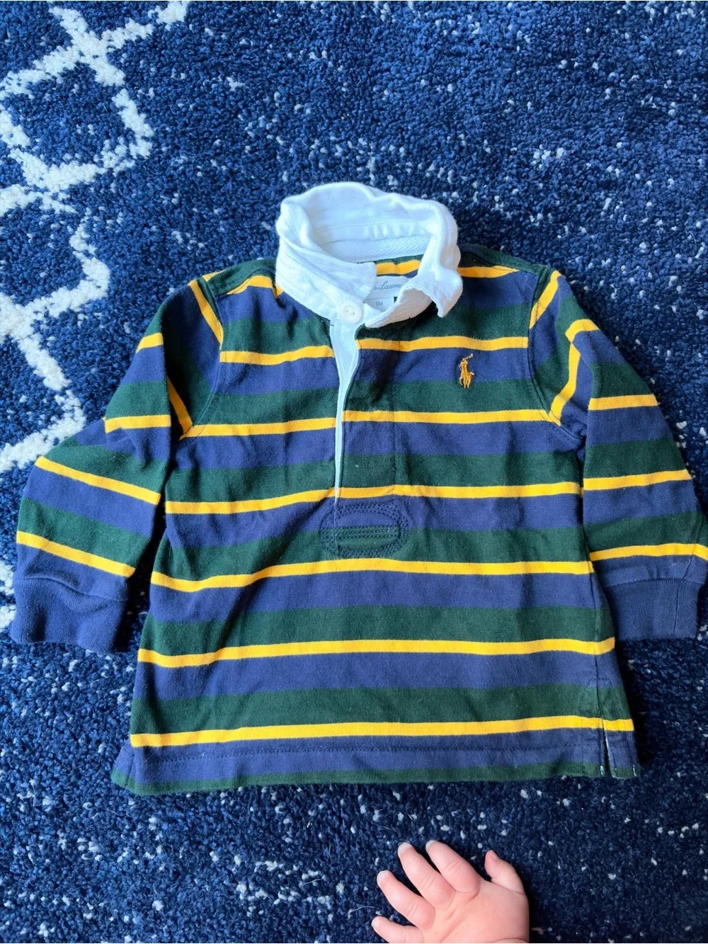 Ralph Lauren Green, Navy & Yellow Striped Rugby Polo with White Collar